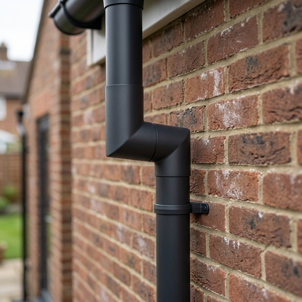 Flush Joint Aluminium Downpipe Bends 63mm Diameter — RAL 7016 / 92.5 Deg (in use)