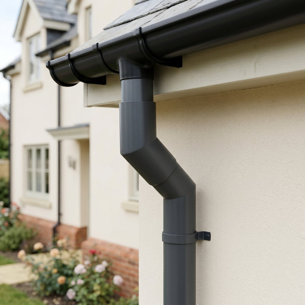 76mm Diameter Flush Joint Aluminium Downpipe Bends — RAL 7016 / 112.5 Deg (in use)
