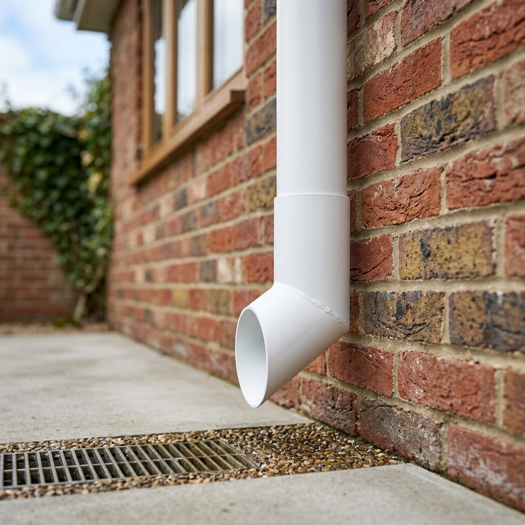 76mm Diameter Flush Joint Aluminium Downpipe Shoe — RAL 9016 (in use)
