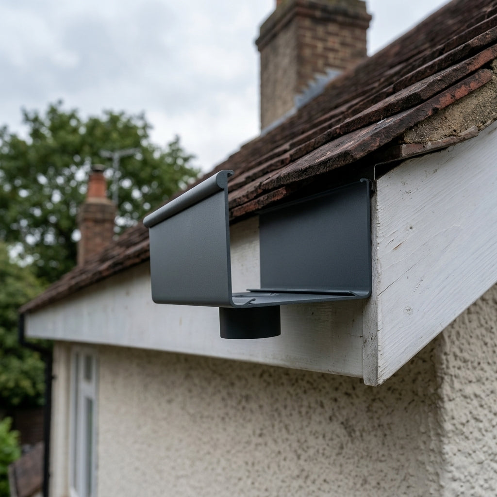 Aluminium Box Gutter Outlet 63mm Diameter 135 x 100mm — RAL 7016 (in use)