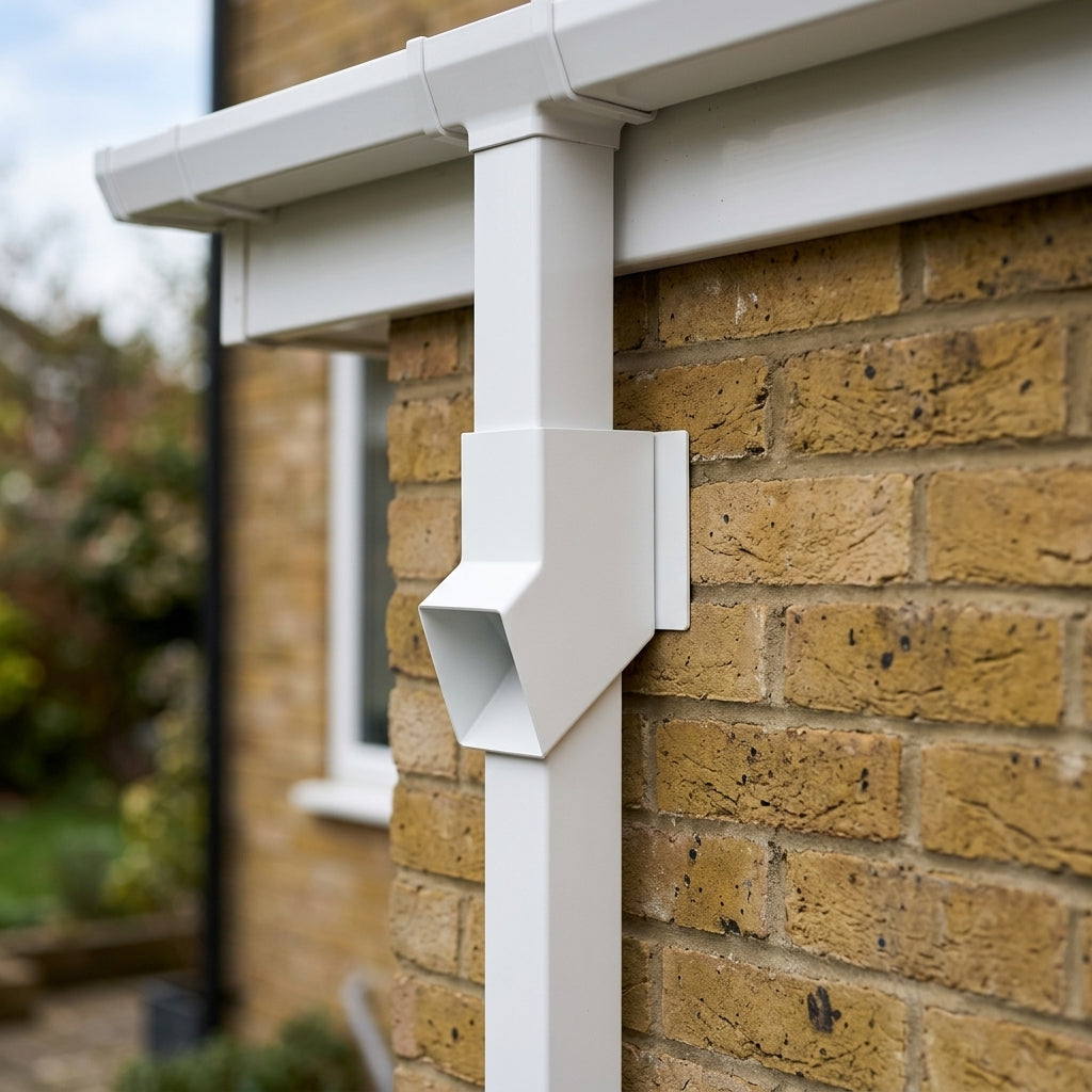 72x72mm Flush Joint Aluminium Downpipe Shoe — RAL 9016 (in use)