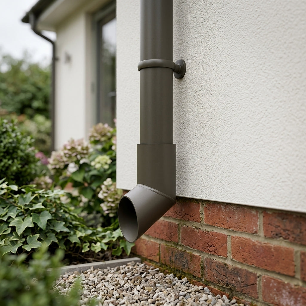 76mm Diameter Flush Joint Aluminium Downpipe Shoe — RAL 7022 (in use)