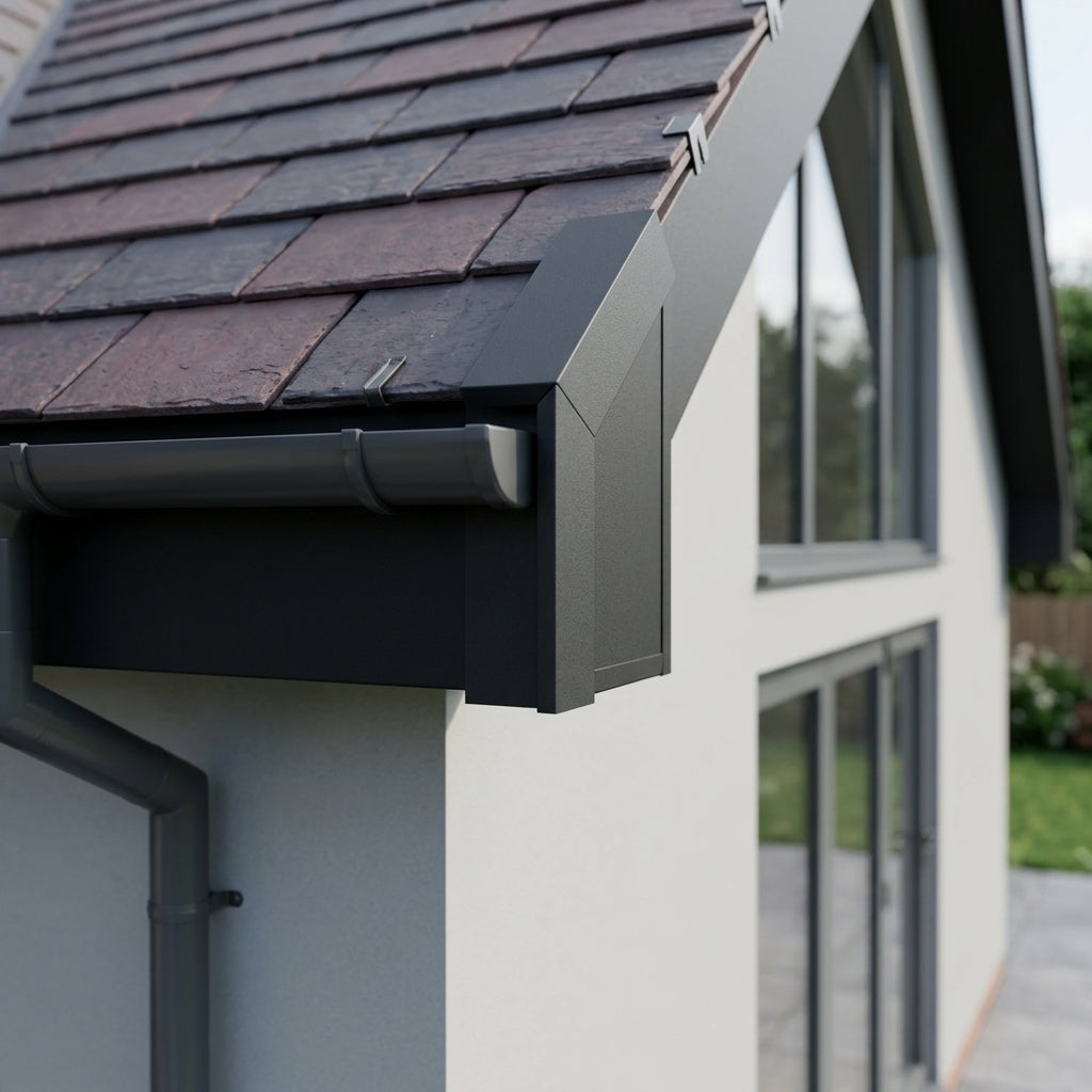 U Return Aluminium Fascia Angle Covers for Mitred Corners — RAL 7021 / 135 Deg External Angle (in use)