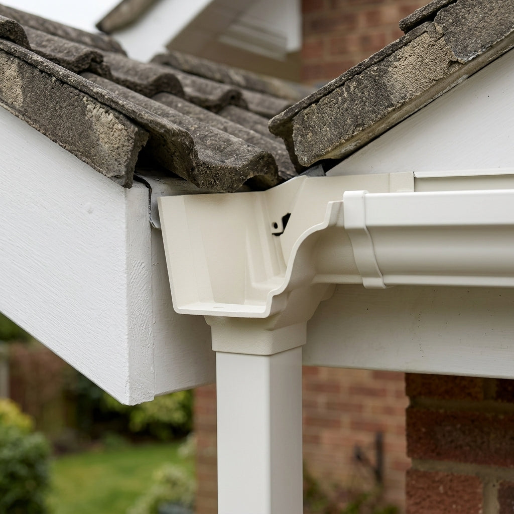 Moulded Ogee Gutter Outlet 72×72mm – 125×100mm Connection — RAL 9010 (in use)