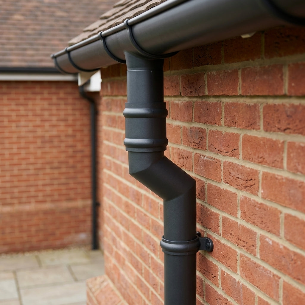 Traditional Aluminium Downpipe Bends 63mm Dia 92.5° 112.5° — RAL 7021 / 112.5 Degrees (in use)