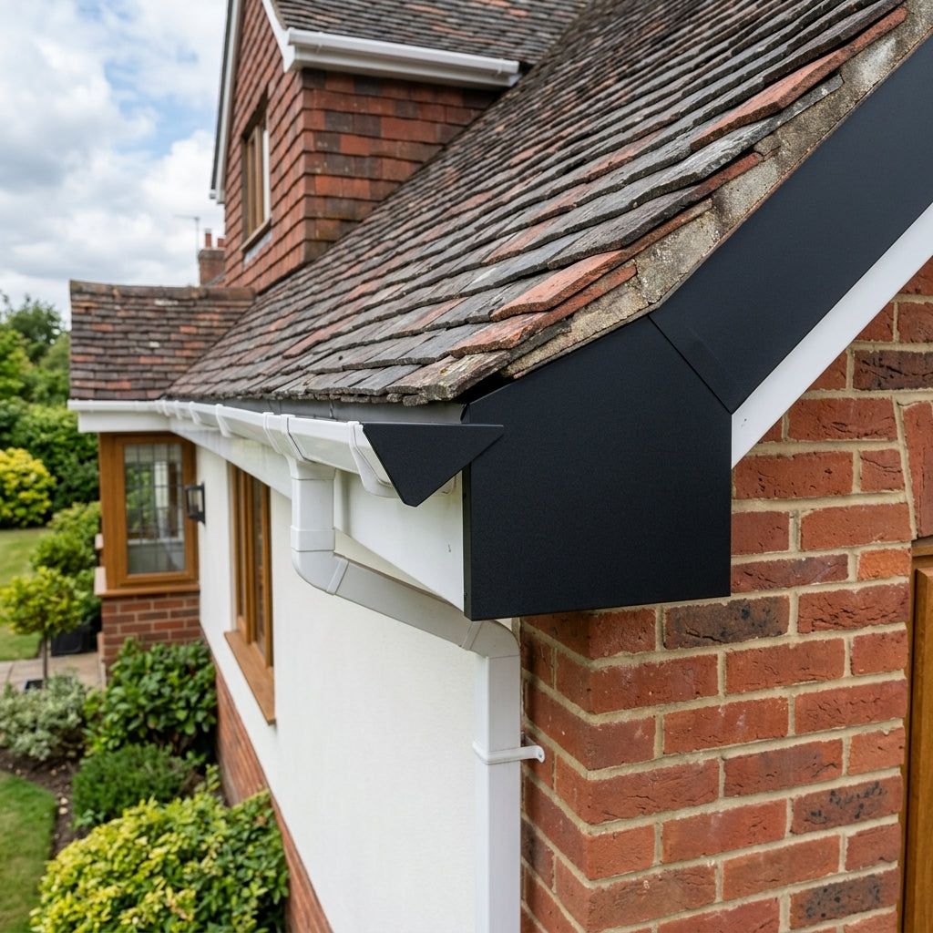 U Return Aluminium Fascia Angle Covers for Mitred Corners — Textured Black / 135 Deg Internal Angle (in use)