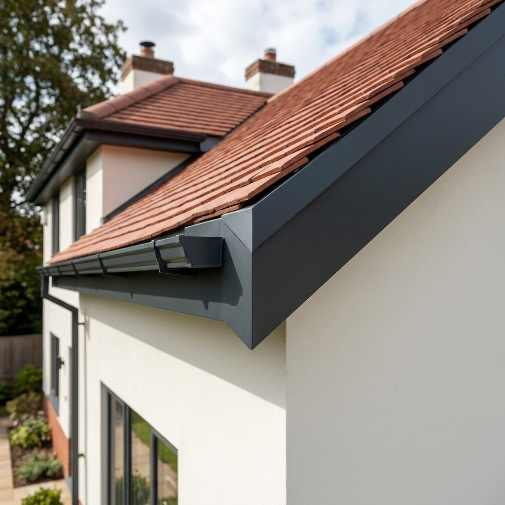 U Return Aluminium Fascia Angle Covers for Mitred Corners — RAL 7021 / 90 Deg External Angle (in use)