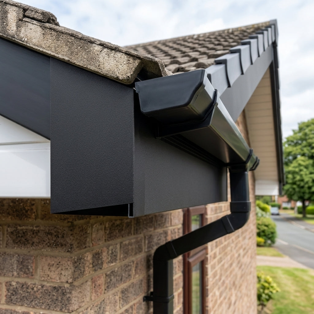 L Return Aluminium Fascia Board 30mm – 3m — Textured Black (in use)