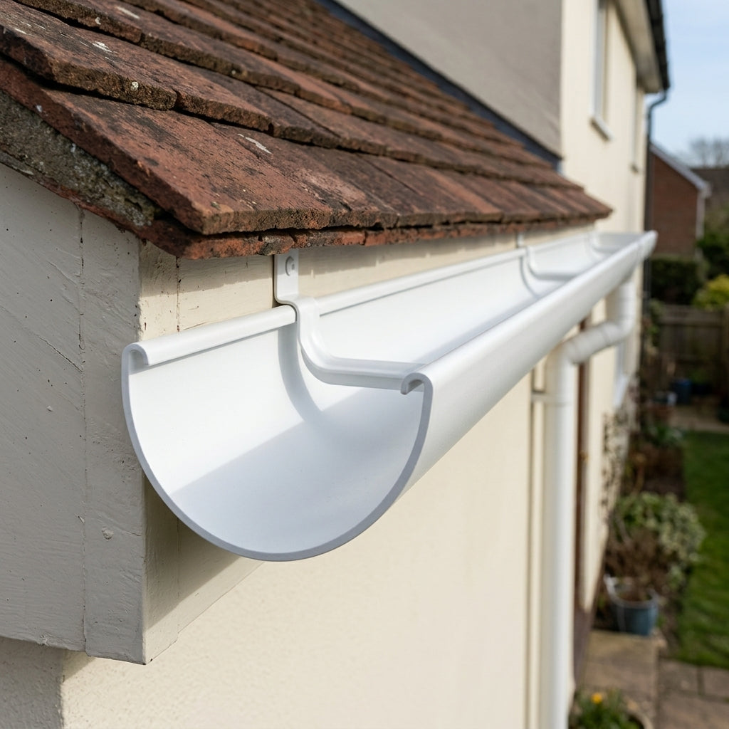 Half Round Gutter Sample – Aluminium — RAL 9016 (in use)
