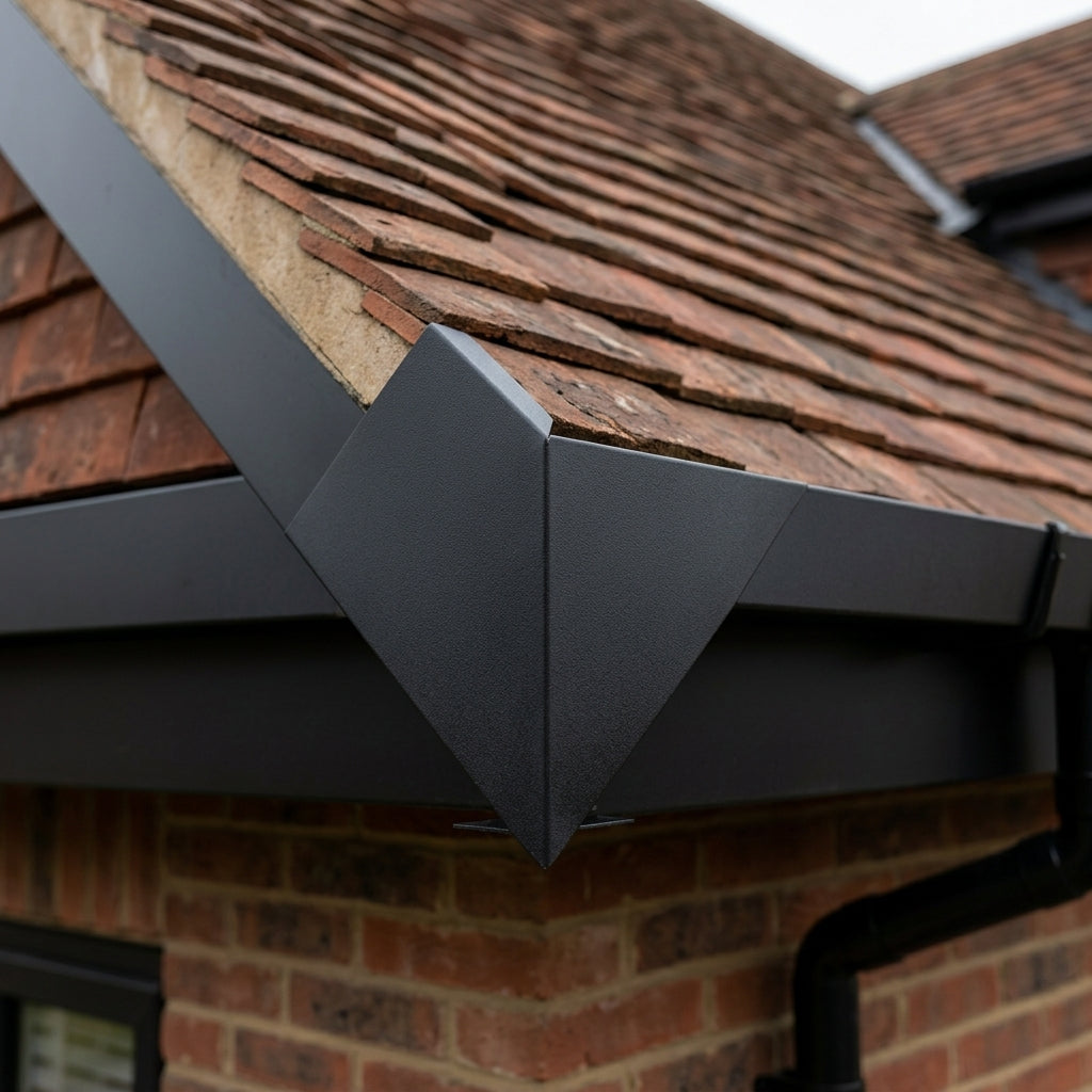 V Return Aluminium Fascia Angle Covers for Mitred Corners — Textured Black / 90 Deg External Angle (in use)