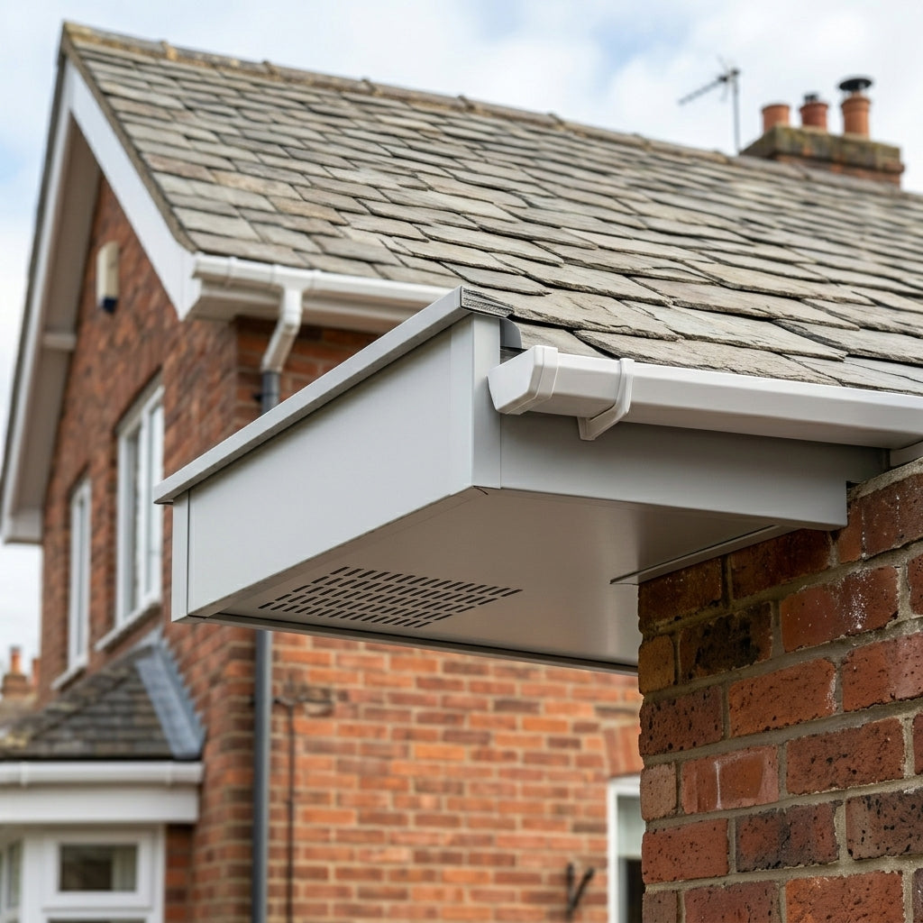 Aluminium Soffit Boards – Plain or Vented with Exterior Coating — RAL 7035 / 490mm Wide | Unvented (in use)