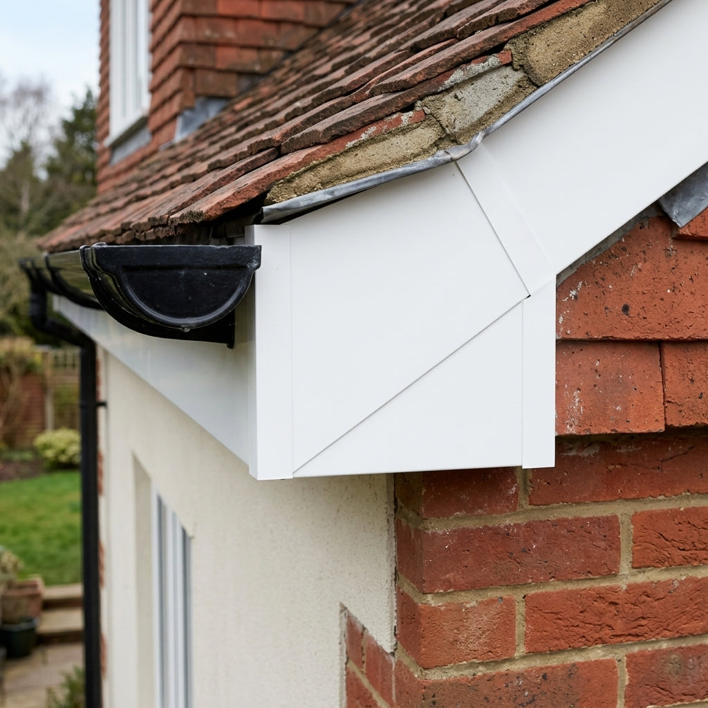 U Return Aluminium Fascia Angle Covers for Mitred Corners — RAL 9010 / 135 Deg External Angle (in use)
