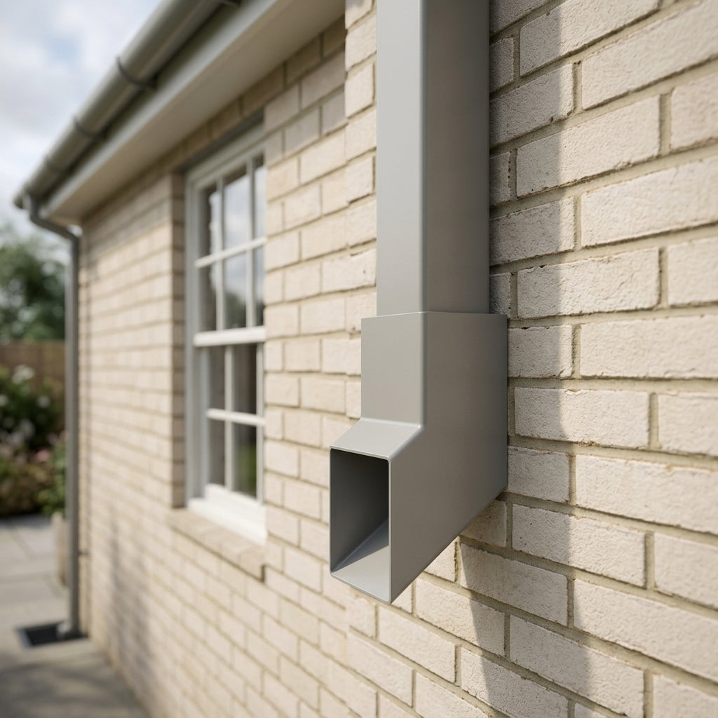 72x72mm Flush Joint Aluminium Downpipe Shoe — RAL 7036 (in use)
