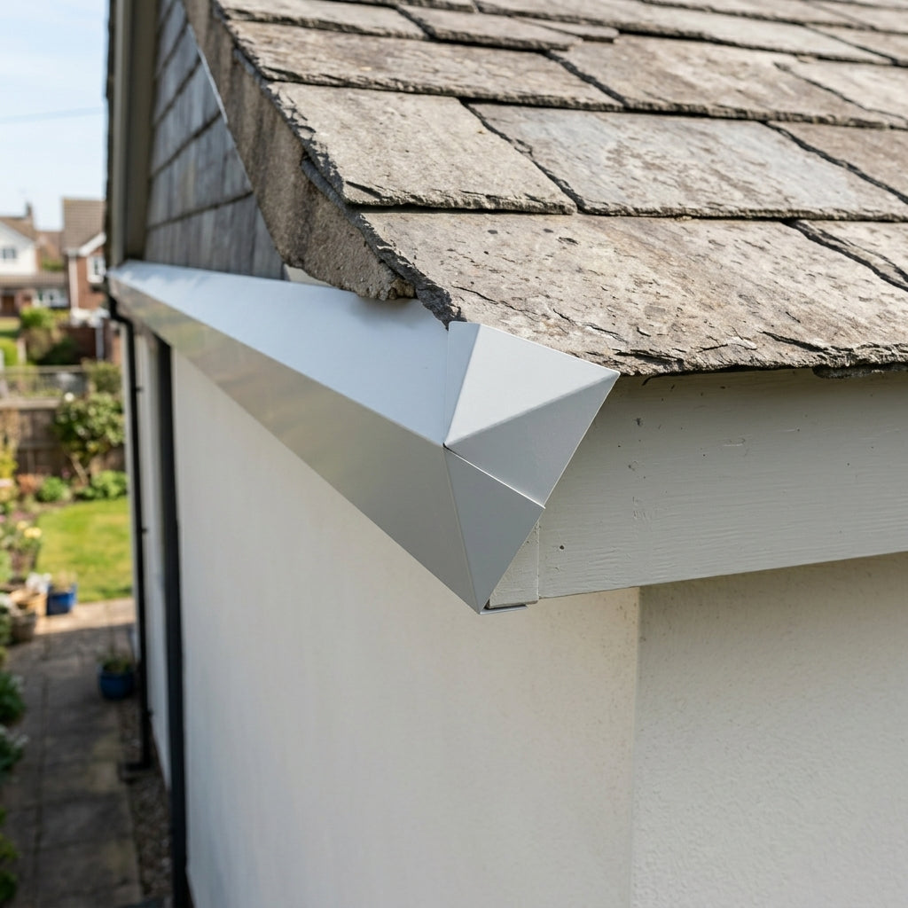 V Return Aluminium Fascia Angle Covers for Mitred Corners — RAL 7035 / 135 Deg Internal Angle (in use)