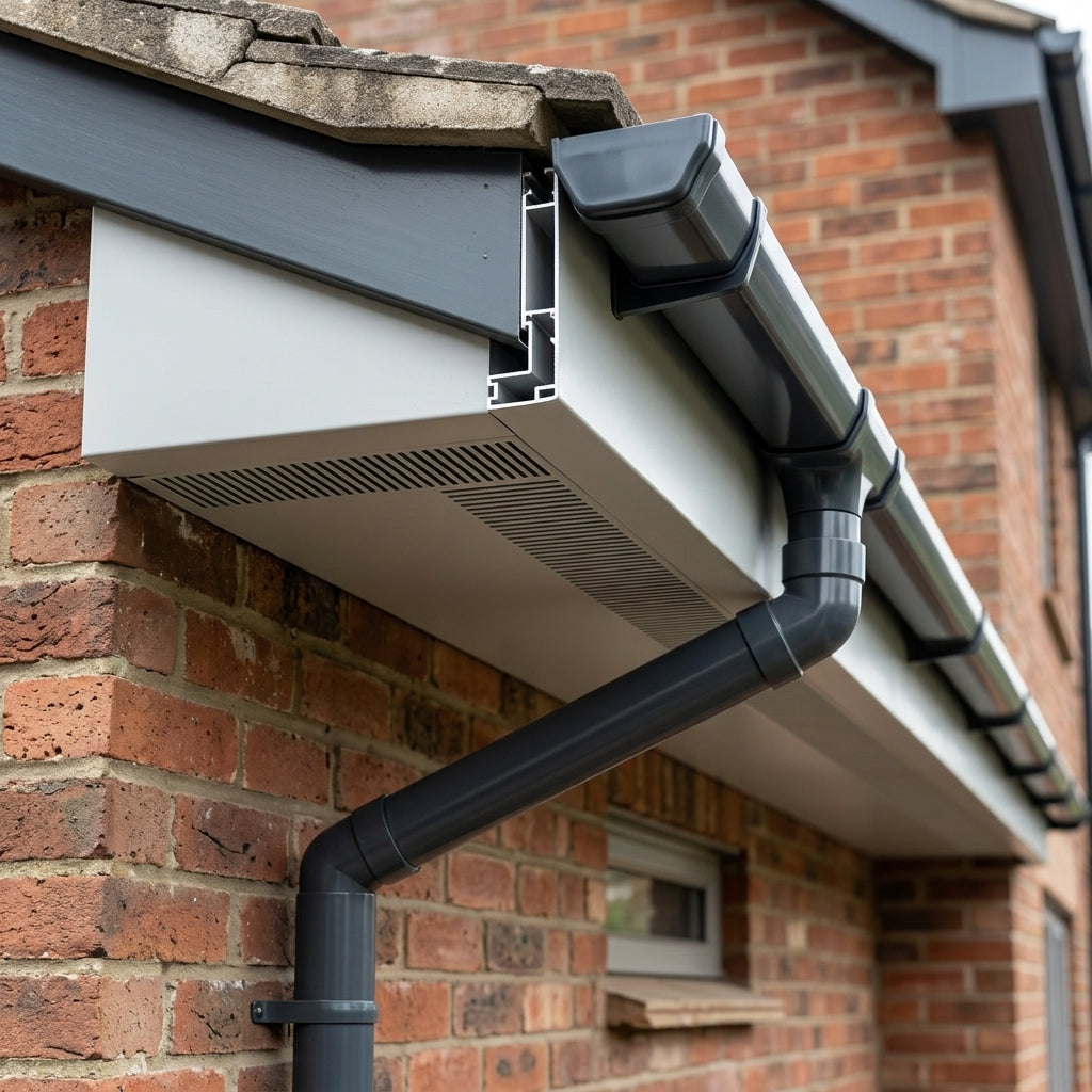 Aluminium Soffit Boards – Plain or Vented with Exterior Coating — RAL 7035 / 490mm Wide | Vented (in use)