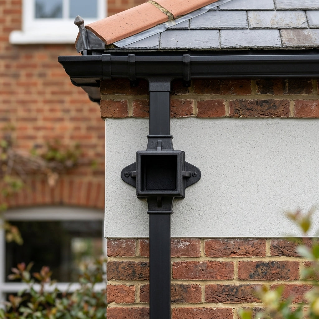 Traditional Downpipe Spare Socket Eared 72x72mm Aluminium — Textured Black (in use)