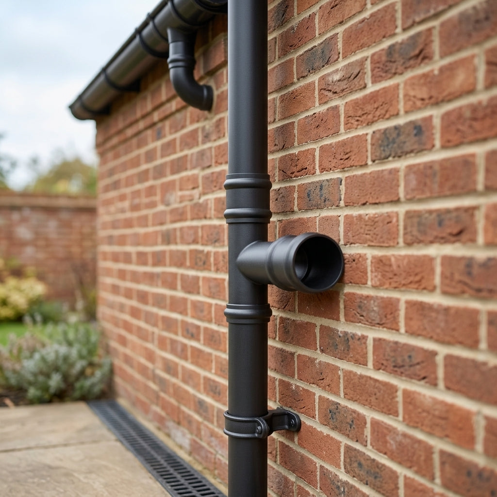 63mm Diameter Traditional Downpipe Branches 92.5° & 112.5° — RAL 7021 / 92.5 Degrees (in use)