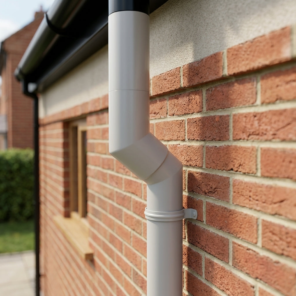 Flush Joint Aluminium Downpipe Bends 63mm Diameter — RAL 7036 / 112.5 Deg (in use)
