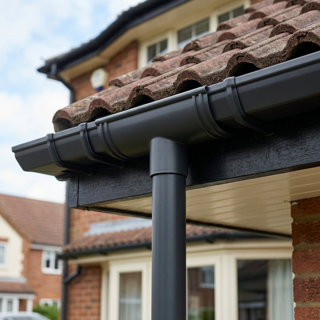DeepFlow Aluminium Gutter Outlet 76mm Diameter 130mm — RAL 7021 (in use)