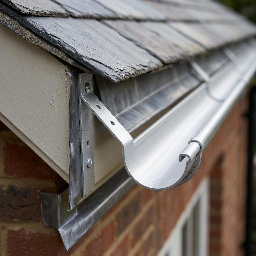 Half Round Aluminium Gutter Top Rafter Bracket 125mm — RAL 9006 (in use)