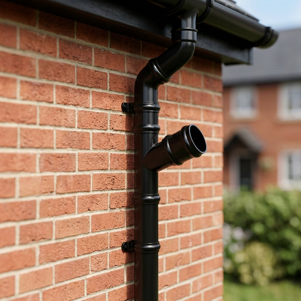 63mm Diameter Traditional Downpipe Branches 92.5° & 112.5° — RAL 9005 / 112.5 Degrees (in use)