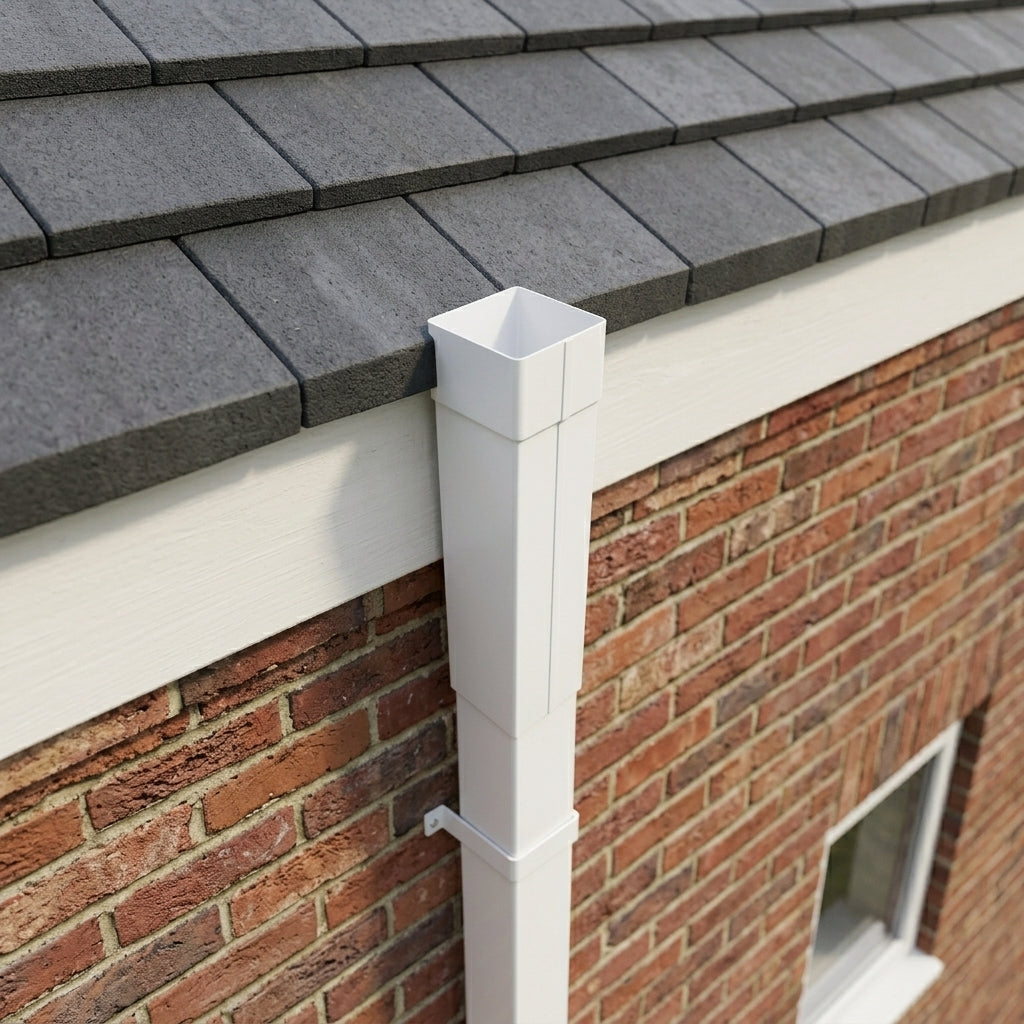 72x72mm Aluminium Gutter Outlet Spigot Extender — RAL 9016 (in use)