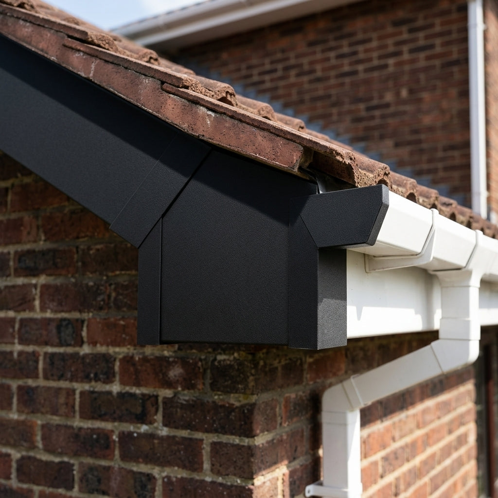 U Return Aluminium Fascia Angle Covers for Mitred Corners — Textured Black / 135 Deg External Angle (in use)