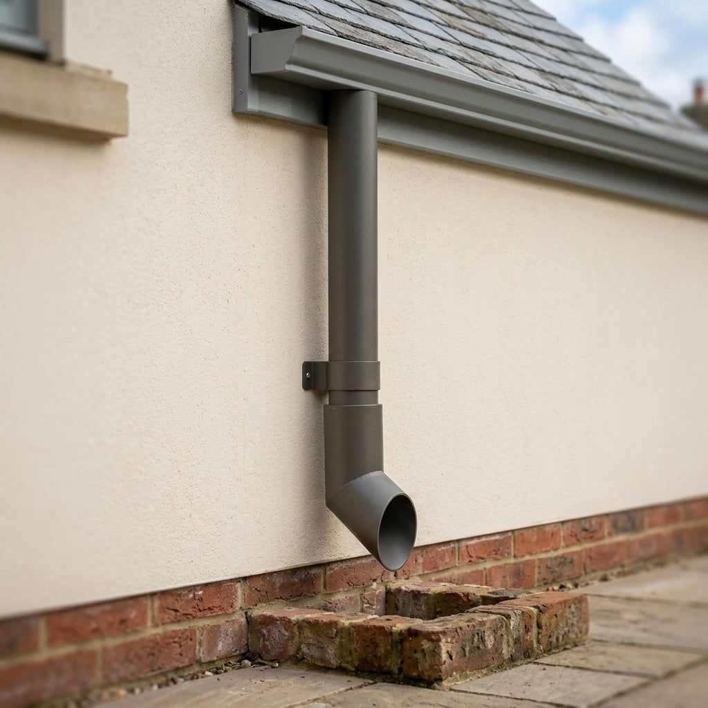 63mm Diameter Flush Joint Aluminium Downpipe Shoe — RAL 7022 (in use)