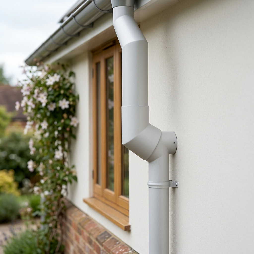 76mm Diameter Flush Joint Aluminium Downpipe Bends — RAL 7035 / 92.5 Deg (in use)