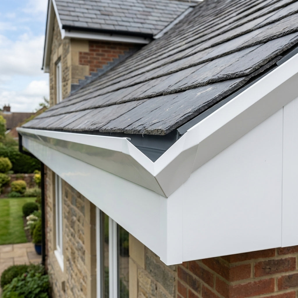 V Return Aluminium Fascia Angle Covers for Mitred Corners — RAL 9016 / 90 Deg Internal Angle (in use)