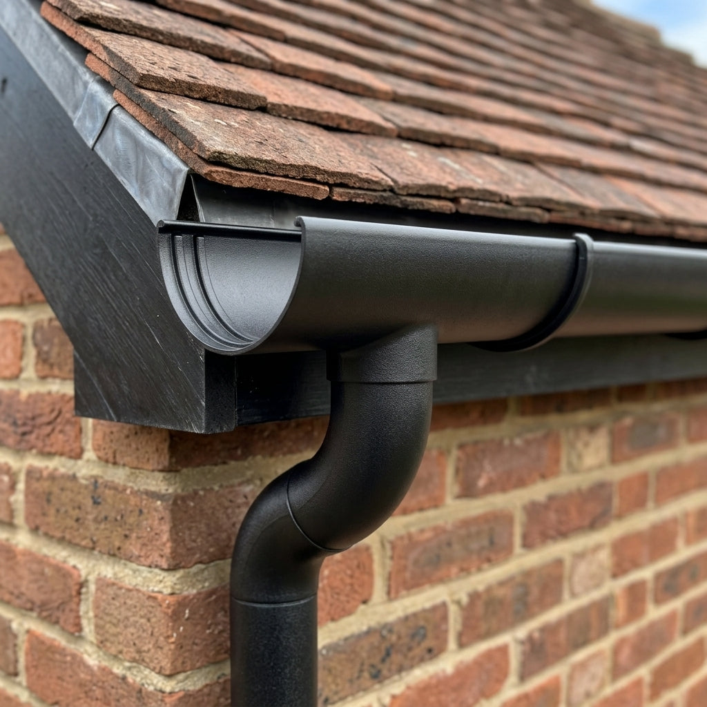 Half Round Aluminium Gutter Outlet 63mm Dia. 125mm — Textured Black (in use)