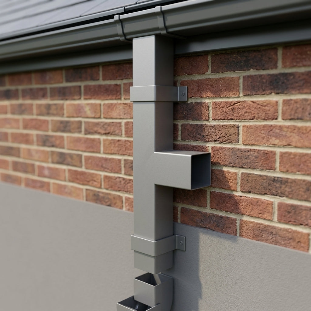 72x72mm Flush Joint Downpipe Branches — 92.5° & 112.5° — RAL 7036 / 92.5 Degrees (in use)