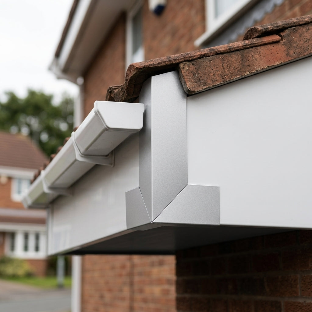 U Return Aluminium Fascia Angle Covers for Mitred Corners — RAL 9006 / 135 Deg Internal Angle (in use)
