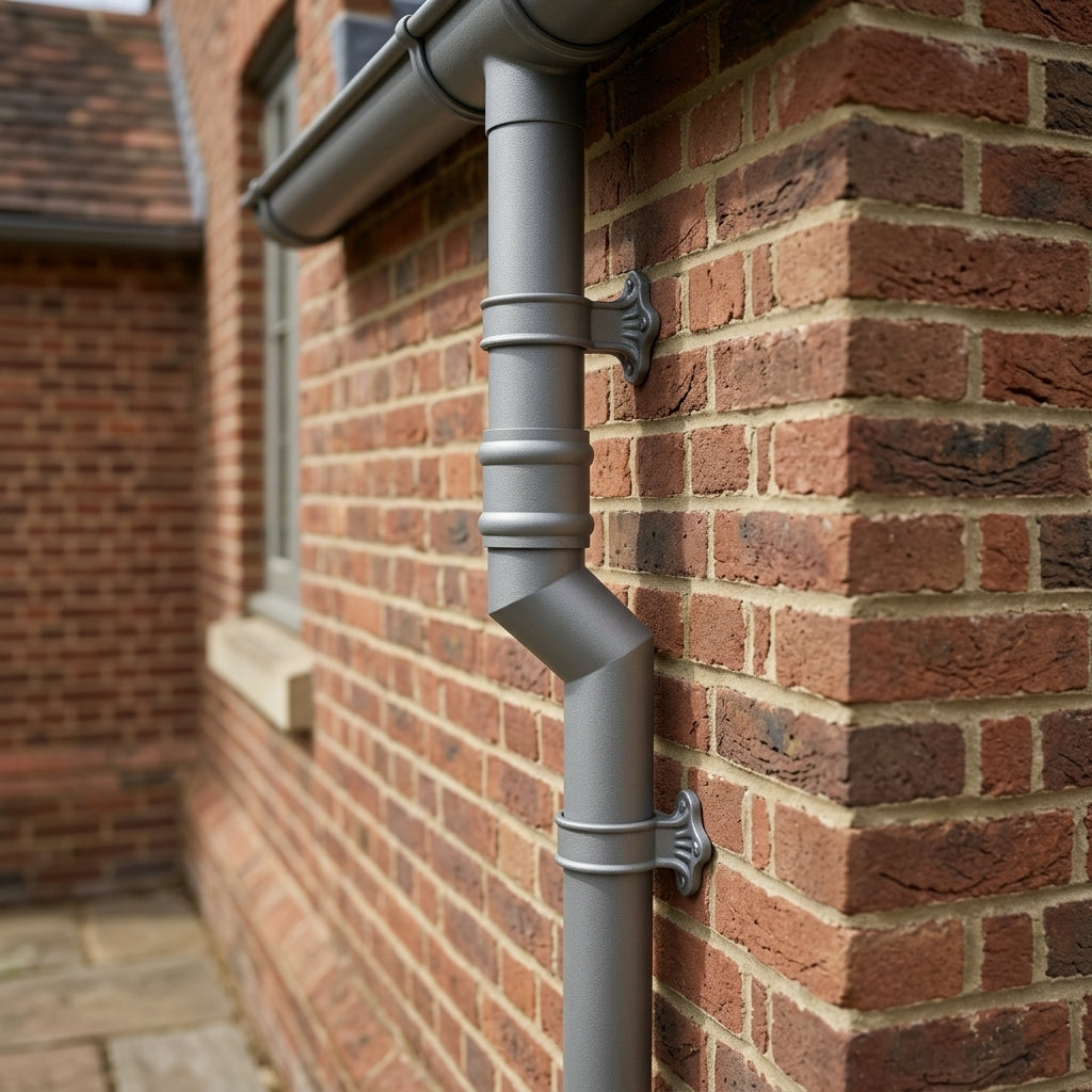 Traditional Aluminium Downpipe Bends 63mm Dia 92.5° 112.5° — RAL 7037 / 112.5 Degrees (in use)