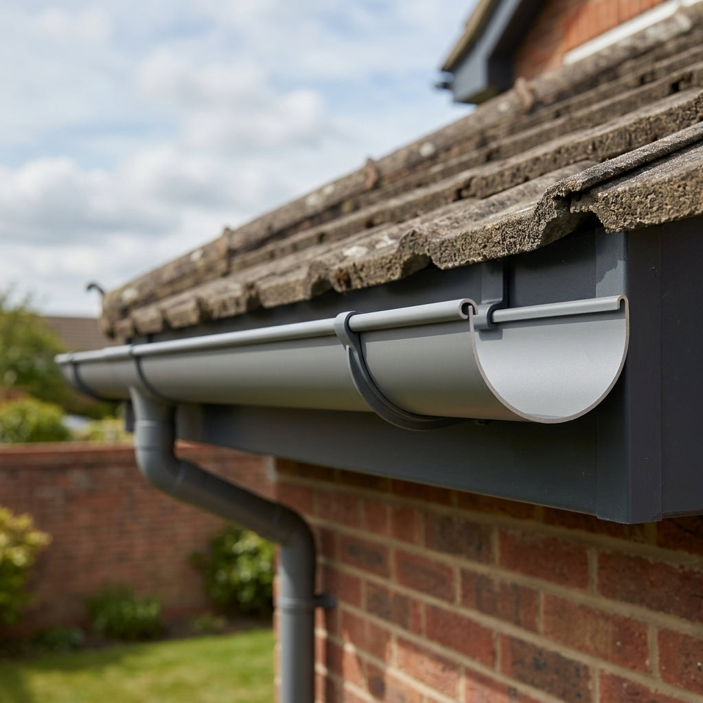 Half Round Gutter Sample – Aluminium — RAL 7037 (in use)