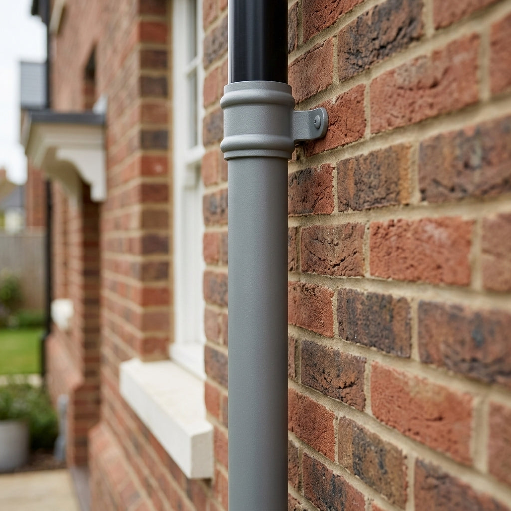 Traditional Aluminium Downpipe Sample — RAL 7037 / 76mmØ (in use)