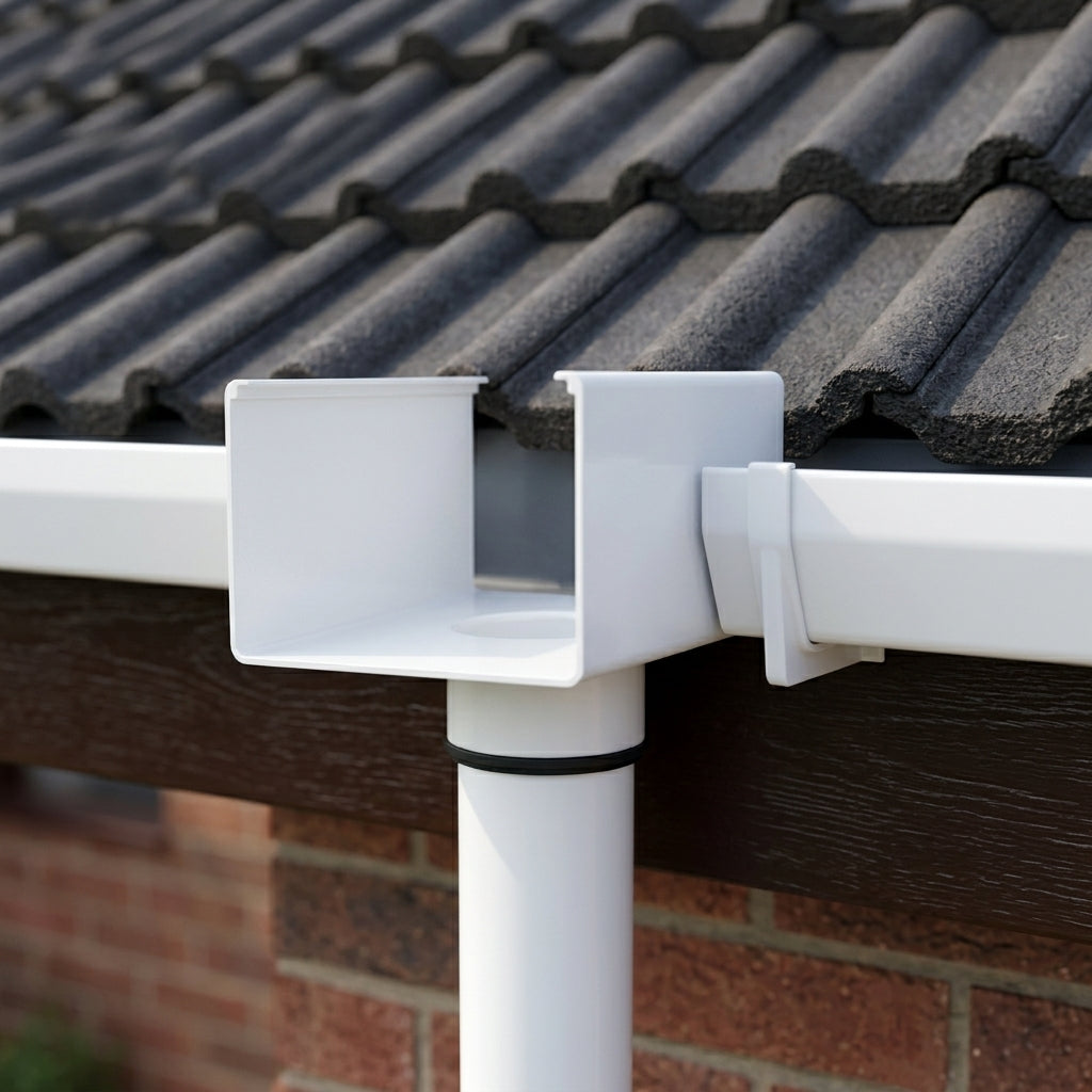 Aluminium Box Gutter Outlet 76mm Dia – 135 x 100mm — RAL 9016 (in use)