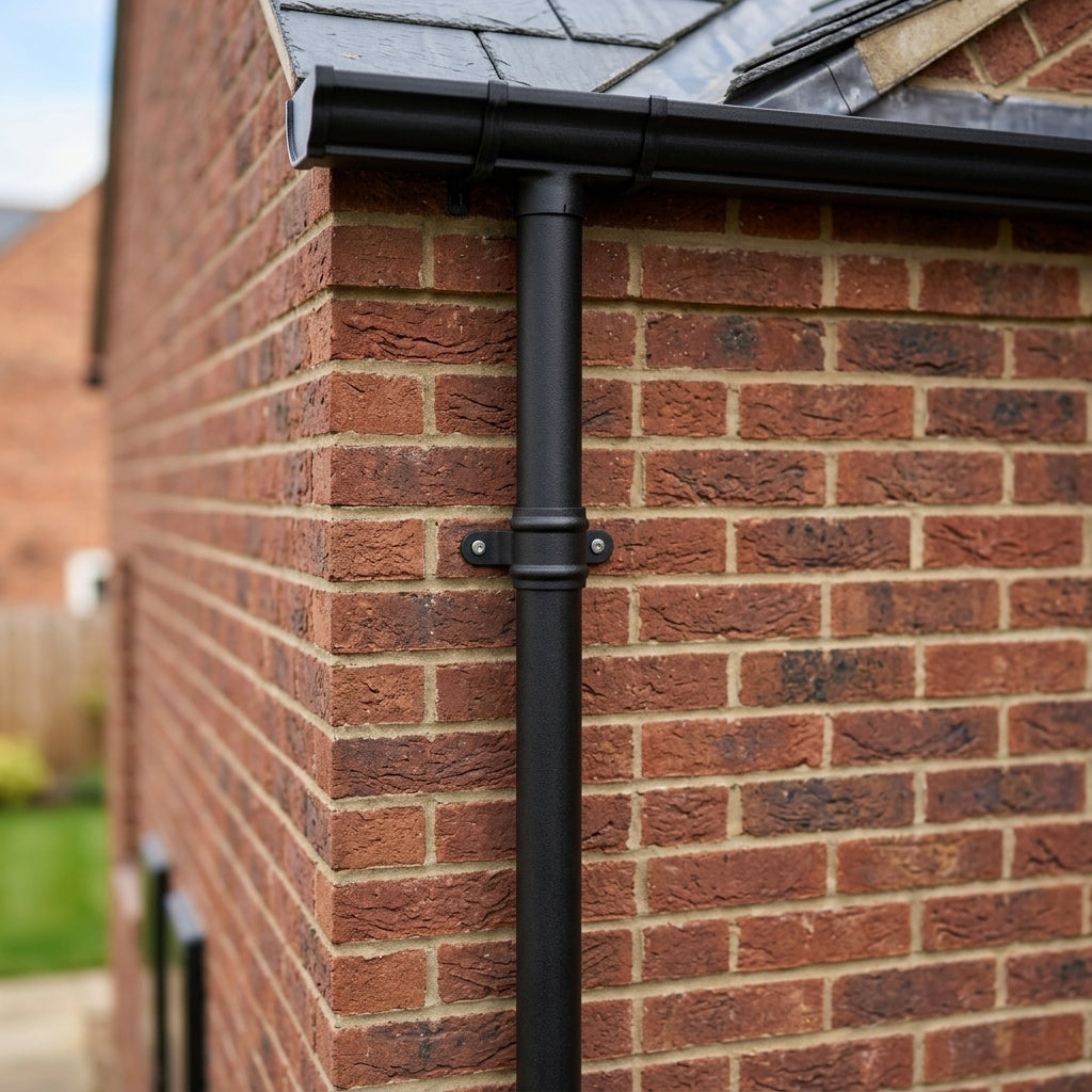 Aluminium Downpipe Length Eared Socket 63mm Dia x 3m — Textured Black (in use)