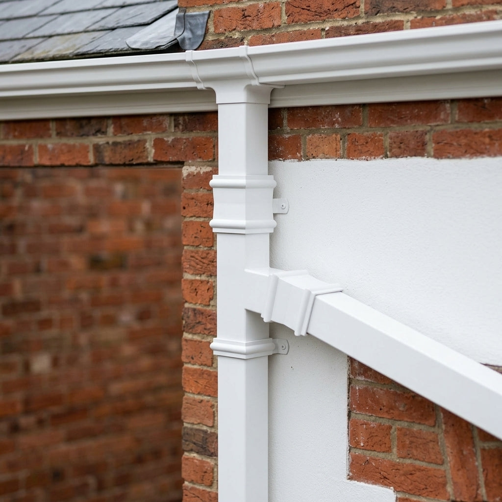 72x72mm Traditional Square Aluminium Downpipe Branches — RAL 9016 / 92.5 Degrees (in use)