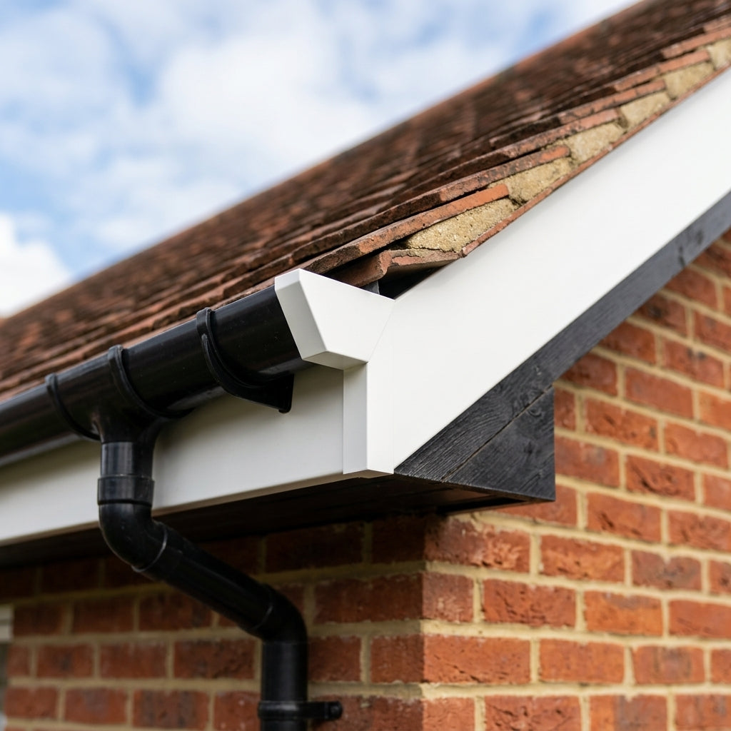 U Return Aluminium Fascia Angle Covers for Mitred Corners — RAL 9010 / 90 Deg Internal Angle (in use)