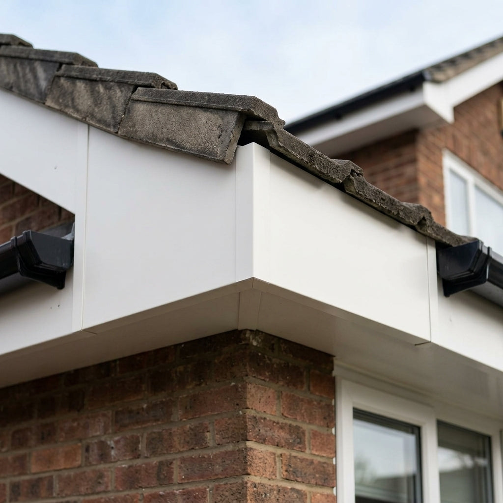 V Return Aluminium Fascia Angle Covers for Mitred Corners — RAL 9010 / 135 Deg External Angle (in use)