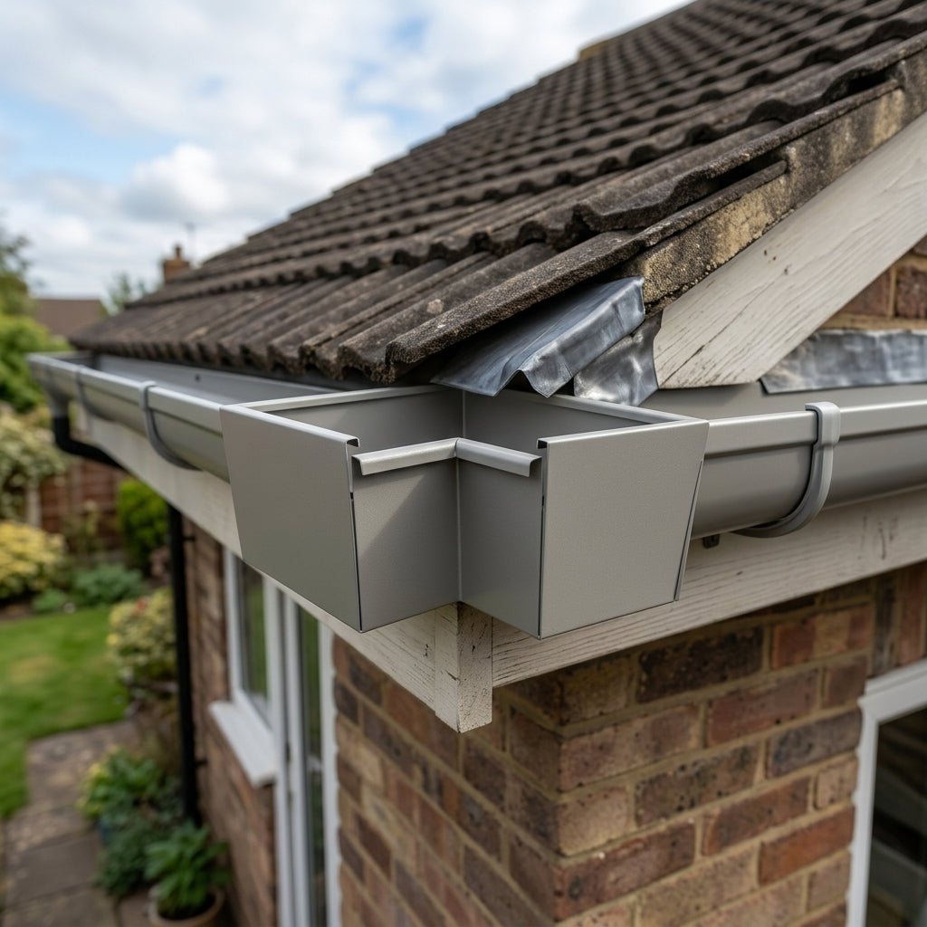 135° Aluminium Box Gutter Angle 135 x 100mm — RAL 7036 (in use)