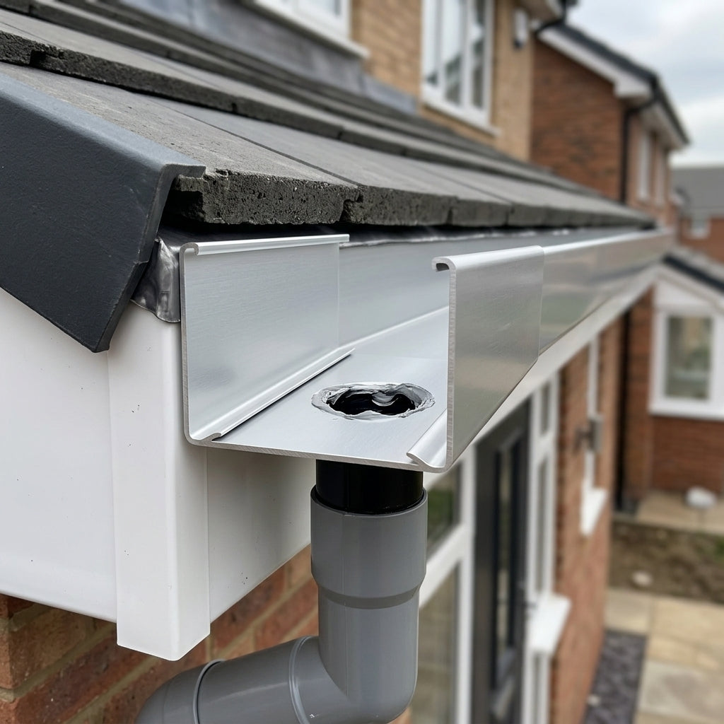 Aluminium Box Gutter Outlet 63mm Diameter 135 x 100mm — RAL 9006 (in use)