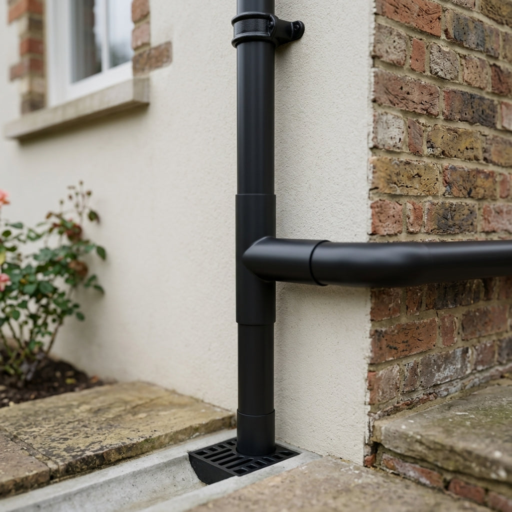 76mm Diameter Flush Joint Downpipe Branches — RAL 7021 / 92.5 Degrees (in use)