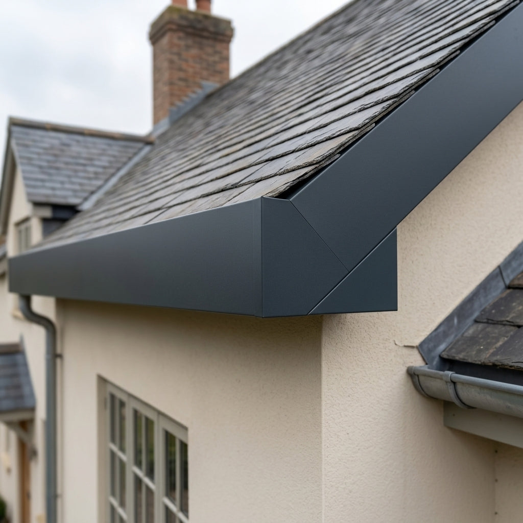 U Return Aluminium Fascia Angle Covers for Mitred Corners — RAL 7016 / 90 Deg External Angle (in use)