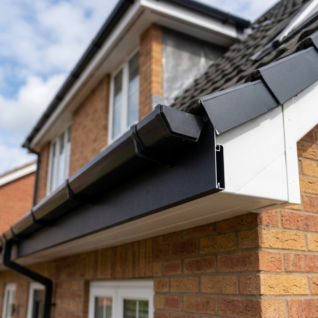 U Return Aluminium Fascia Board 30x25mm – 3m Length — Textured Black (in use)