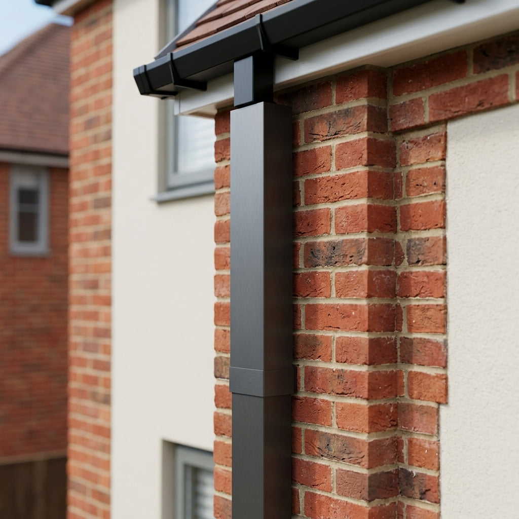 Aluminium Flush Joint Downpipe Sample — RAL 7022 / 72x72mm (in use)