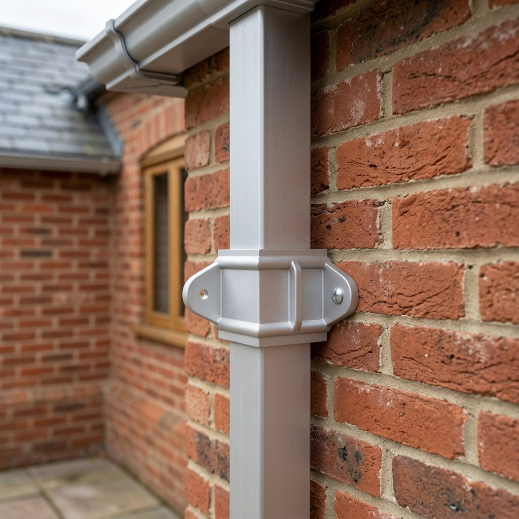 Traditional Downpipe Spare Socket Eared 72x72mm Aluminium — RAL 9006 (in use)