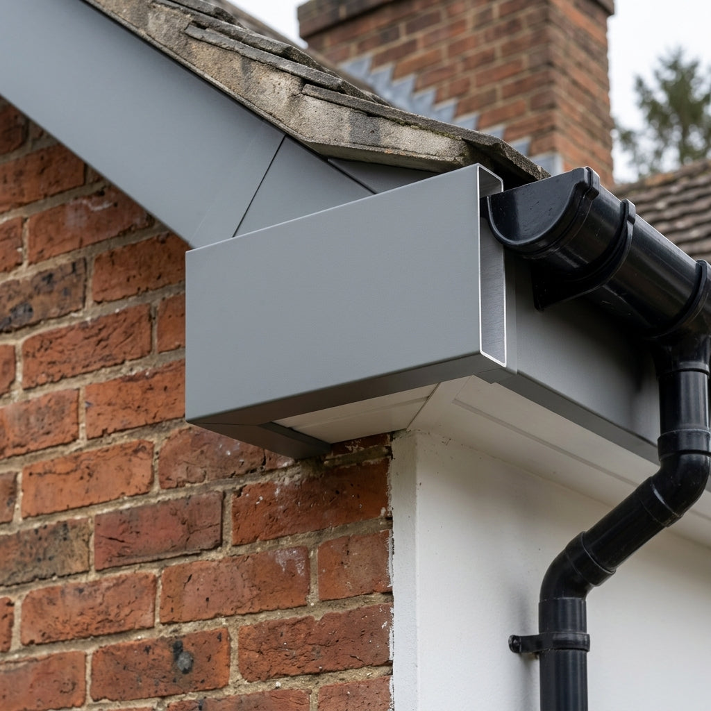 L Return Aluminium Fascia Board Joint Cover — RAL 7037 (in use)