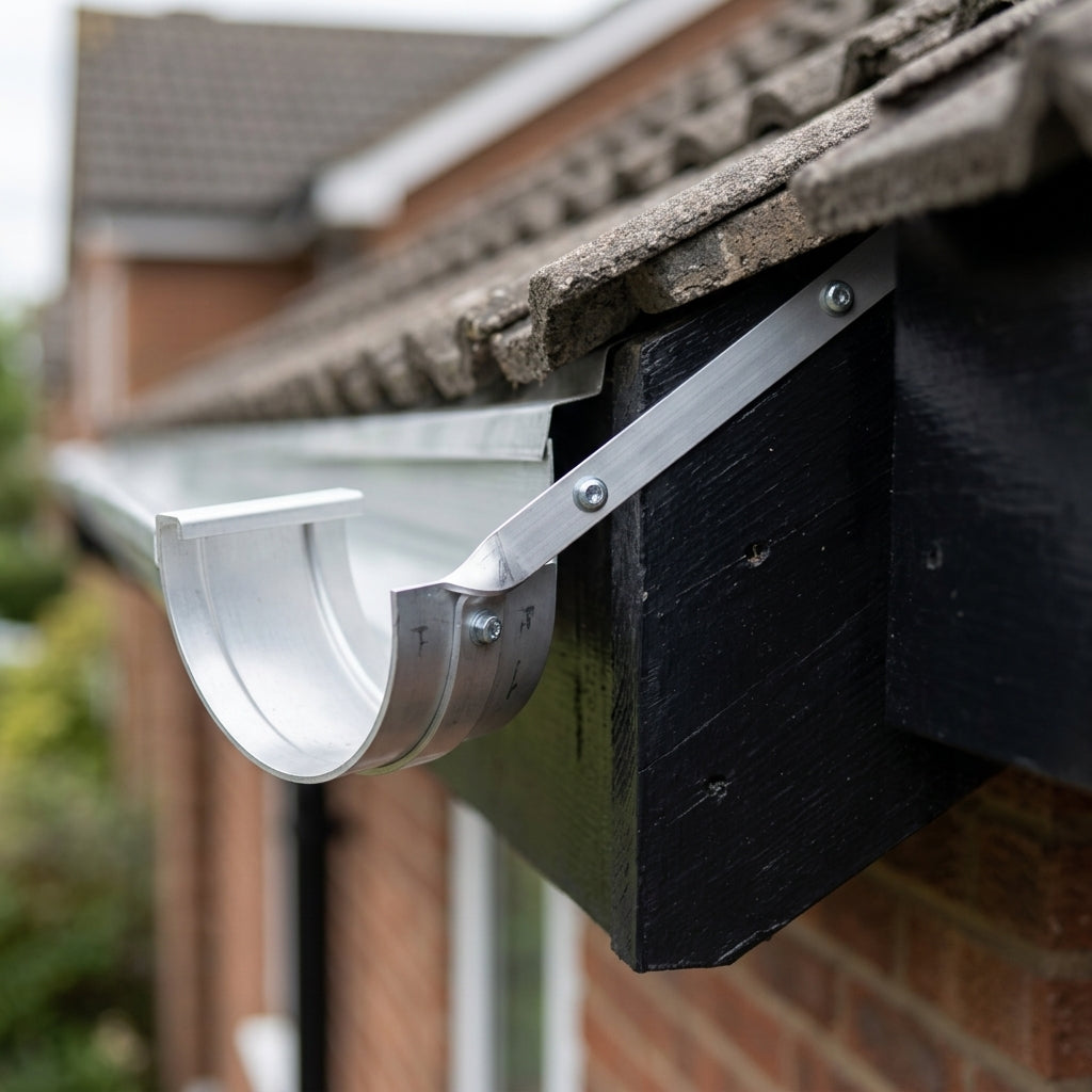 130mm Deepflow Gutter Side Rafter Bracket – Aluminium — RAL 9006 (in use)